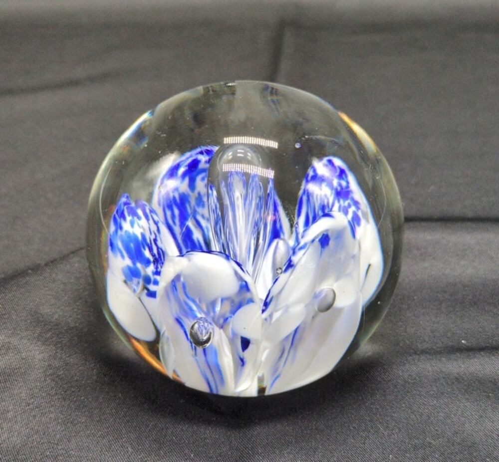 Cobalt Blue White Controlled Bubble Art Glass Paperweight Heavy Hand Blown Vtg